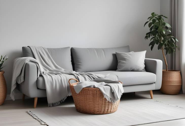 Bright Modern Living Room with Cozy Grey Sofa and Basket of Soft Blanket