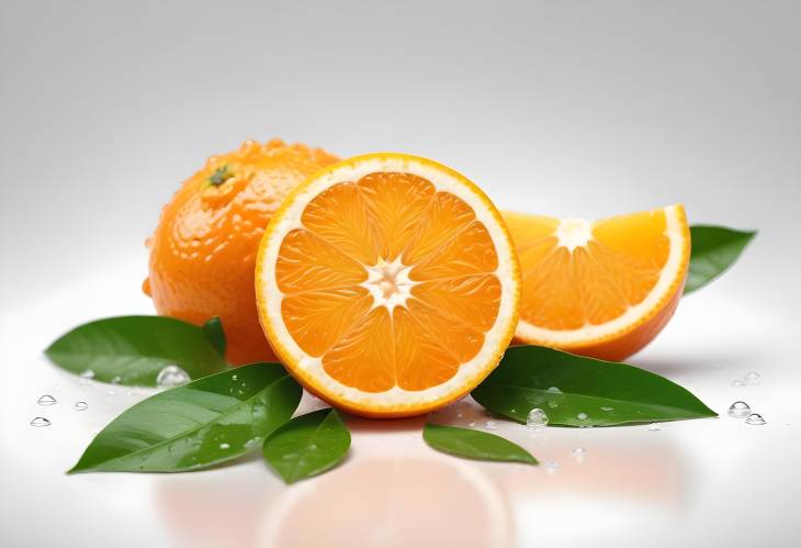 Bright Orange Fruit with Water Drops and Leaves on White Background, Isolated and High Definition