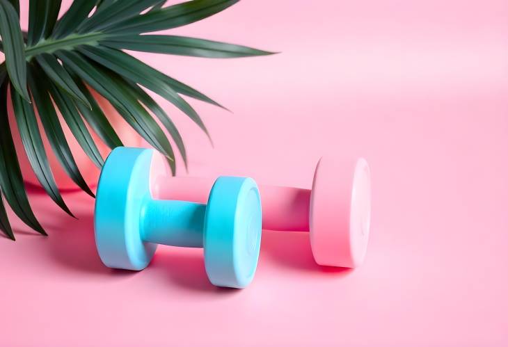 Bright Pink Fitness Dumbbell on Soft Pink and Turquoise Background