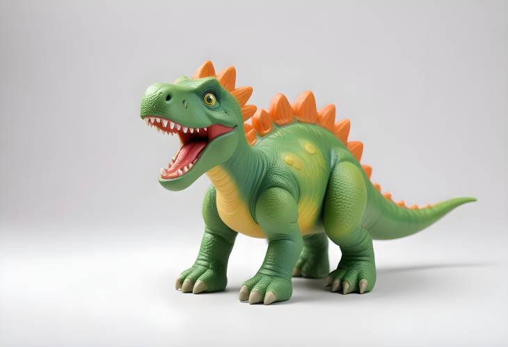 Bright Plastic Dinosaur Toy on White Background with Space for Copy