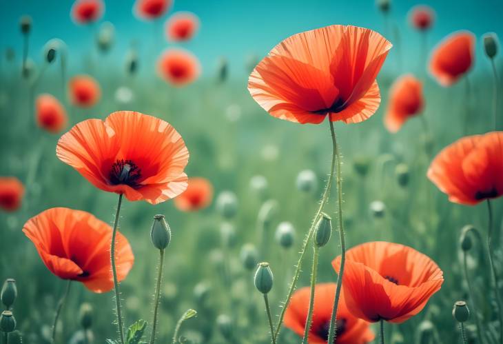 Bright Red Poppies in Spring Field with Artistic Toning