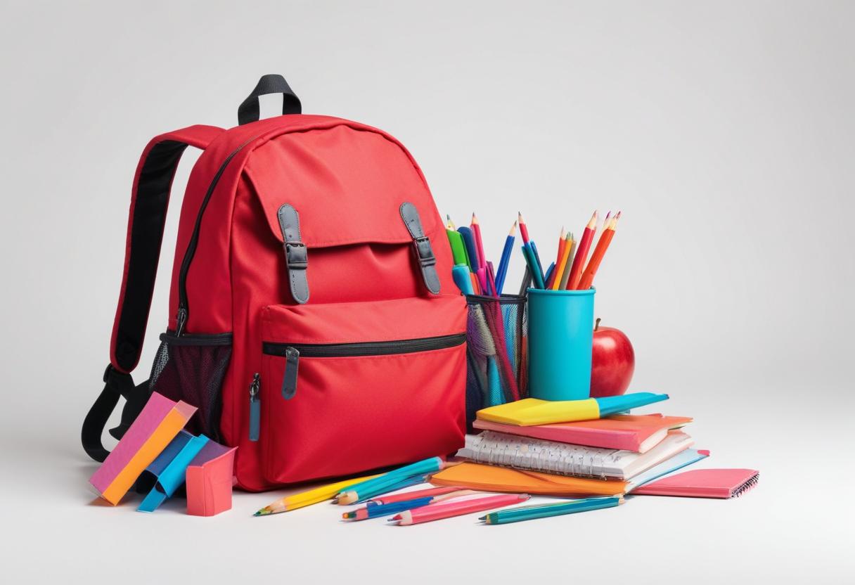 Bright Red School Backpack with School Supplies on White Background, Ideal for Academic Needs