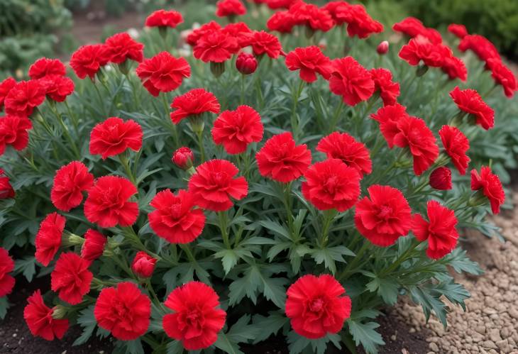 Bright Red Turkish Carnation Flowers in Full Bloom in a Flower Bed