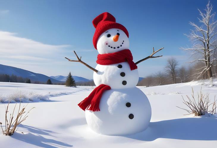 Bright Snowman with Red Scarf and Hat in Snow Covered Field and Blue Sky Perfect for Christmas