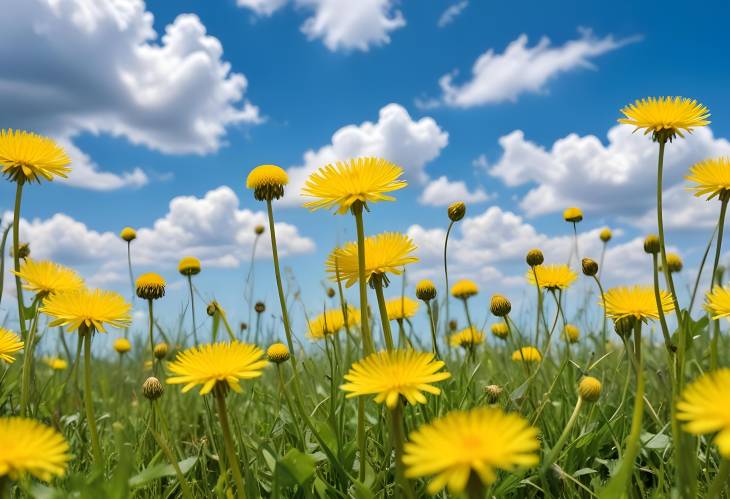 Bright Summer Landscape with Yellow Dandelions and Blue Sky