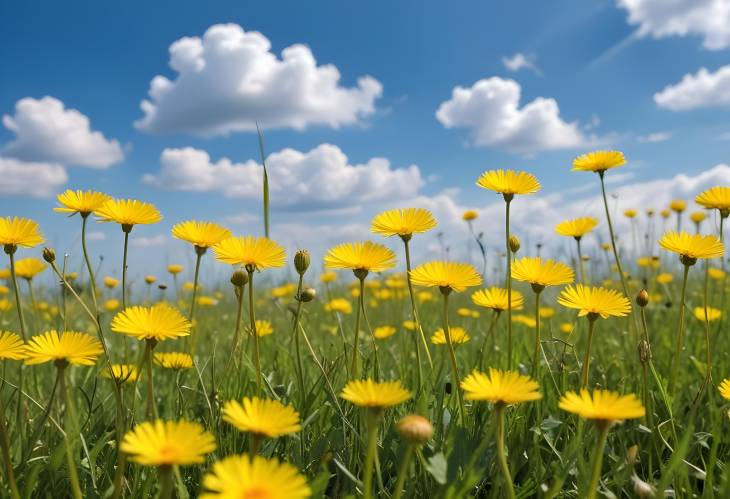 Bright Summer Landscape with Yellow Dandelions and Blue Sky