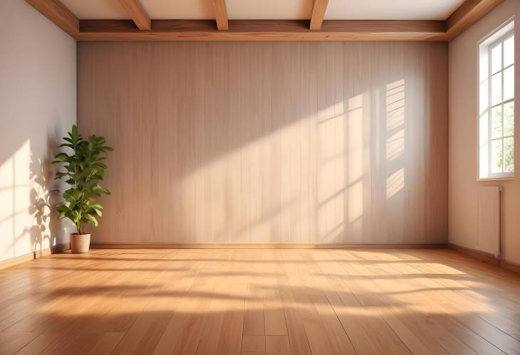 Bright Summer Room with Sunlight and Leaf Shadows Cozy Empty Space on Wooden Parquet Floor