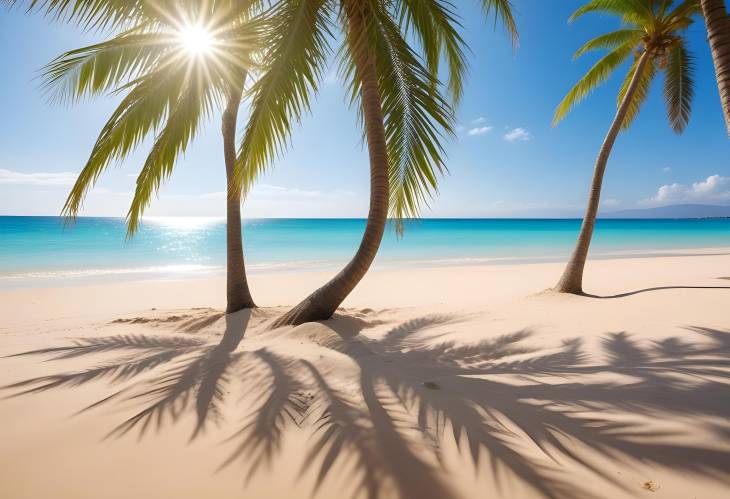 Bright Sun on Tropical Island Beach with Palm Trees