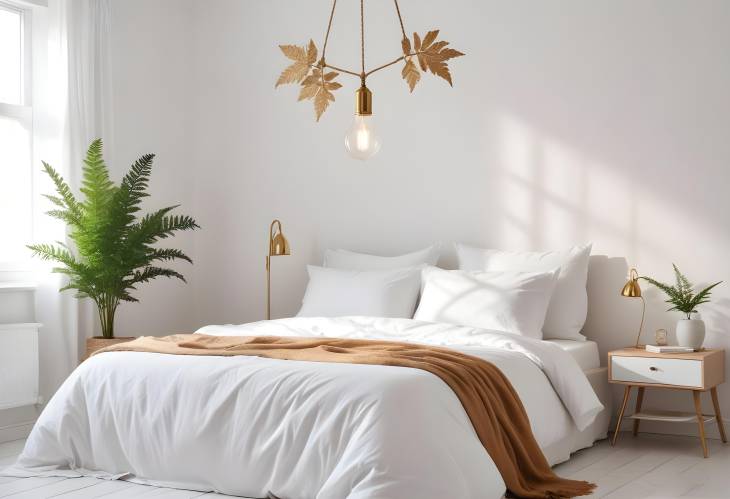 Bright White Bedroom with Bulb Lamp on Rope, White Bedding, Books, and Gold Fern Leaf on End Table