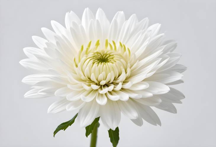 Bright White Chrysanthemum Flower with Stem, Isolated on White Background