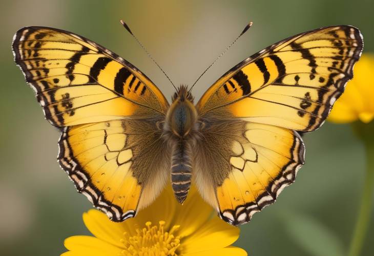 Bright Yellow Flower with Butterfly Resting and Detailed Wing Patterns CloseUp