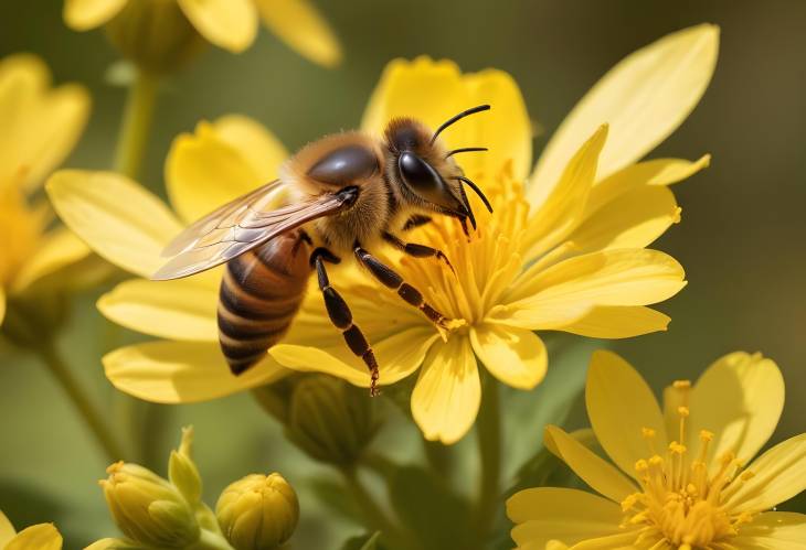 Bright Yellow Flower with Honeybee Collecting Pollen Close Up