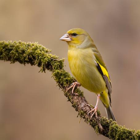 Bright Yellow Greenfinch Songbird Perched on Root Against Diffused Winter Background