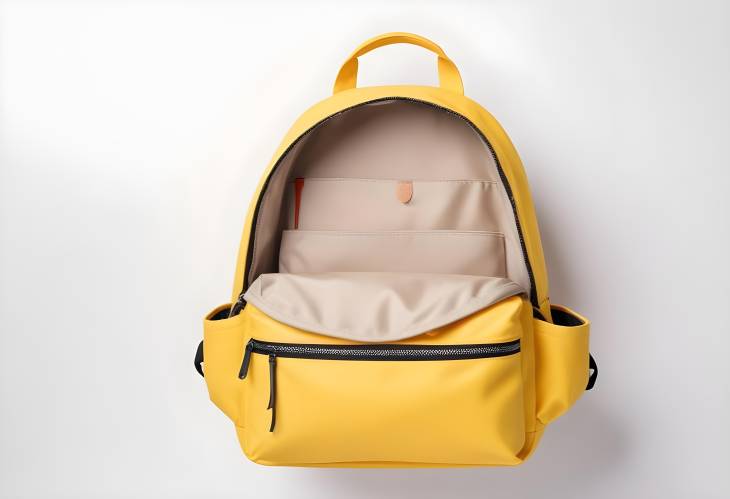 Bright Yellow Open Backpack on White Background, Fashionable for School and Trendy Accessories