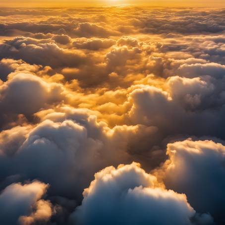 Bright Yellow Sunset Over White Clouds and Blue Sky Captured from Above