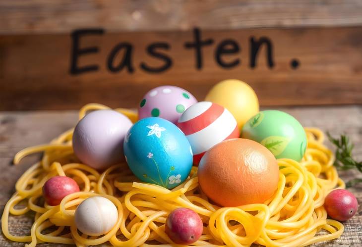 Brightly Colored Easter Eggs on Italian Pasta with Wooden Background and Inscription