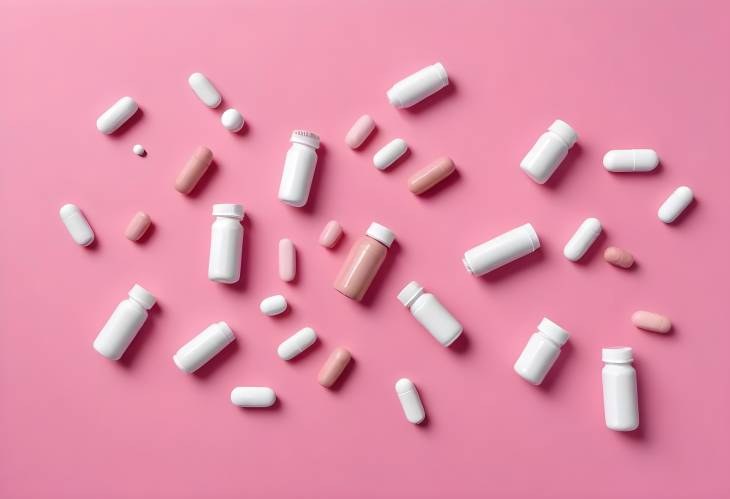 Brightly Colored Pills and Medicine Bottles on Pink Background, CloseUp Top View of Tablets