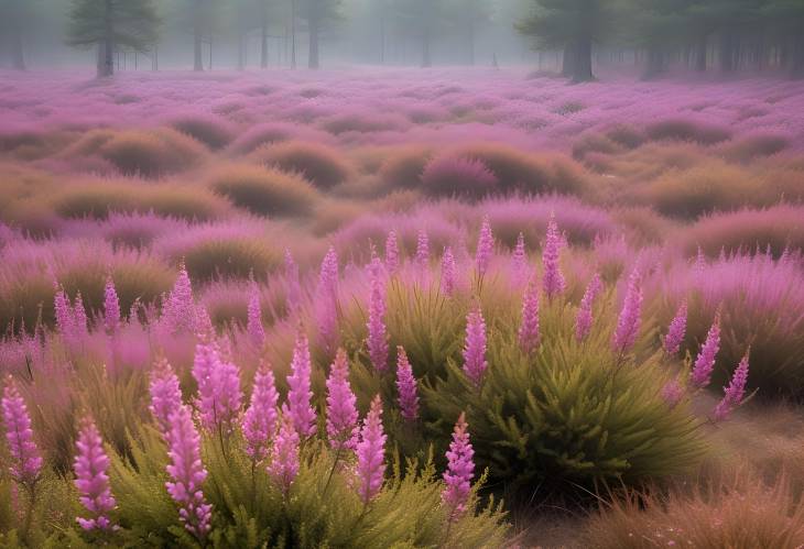 Broom Heather in Bloom and Spider Webs  A Serene Morning in Lneburg Heath, Germany