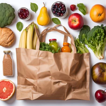 Brown Grocery Bag Full of Healthy Foods Fruits, Vegetables, Bread, and Beverages Studio Photo