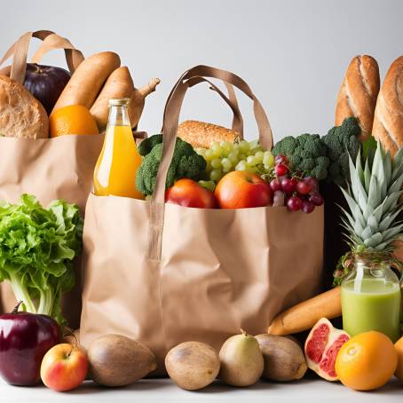 Brown Grocery Bag with Healthy Foods Studio Shot of Fruits, Vegetables, Bread, and Bottled Beverage