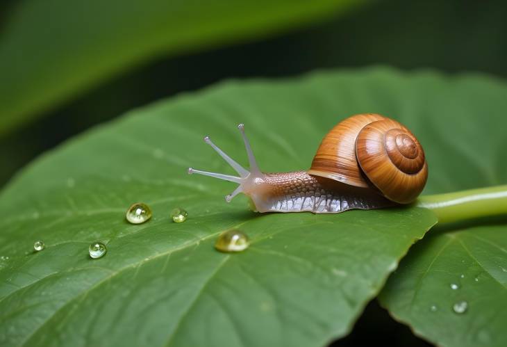 Brown Snail on Green Leaf Captivating Macro with Water Drops