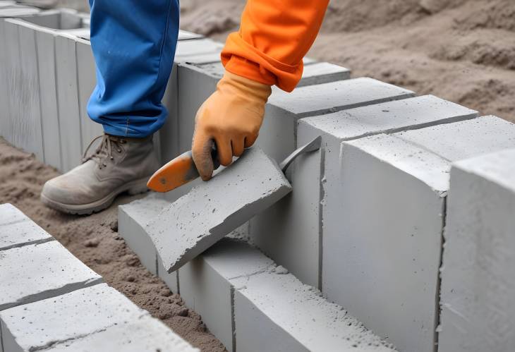 Builder at Construction Site Holding Trowel While Working on Aerated Concrete Block Wall