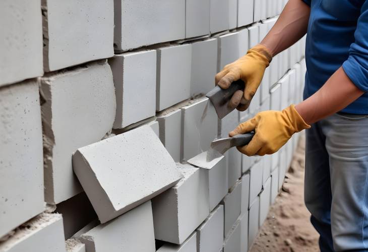 Builder Using Trowel to Construct Wall with Aerated Concrete Blocks Construction Site Work