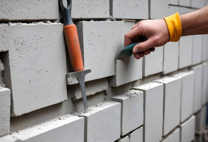 Builders Trowel in Use for Aerated Concrete Block Wall Construction at Building Site