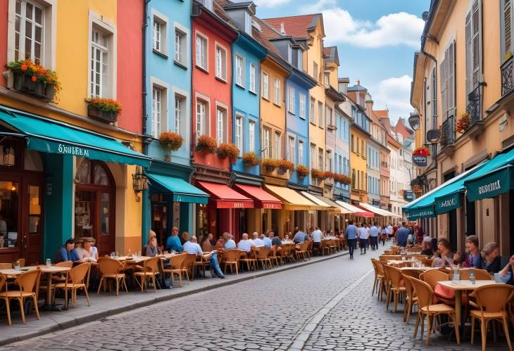 Bustling Cafes and Colorful Buildings in Historic European City with Cobblestone Streets