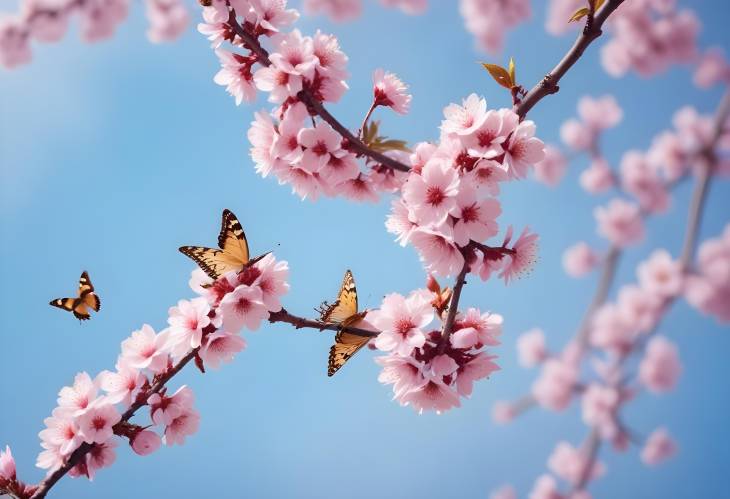 Butterflies and Cherry Blossoms with Blue Sky in Spring