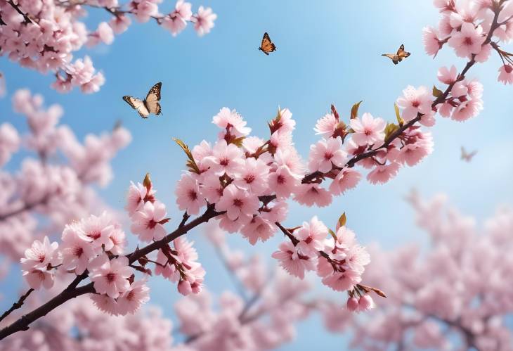 Butterflies on Cherry Blossom Branches Against Blue Sky