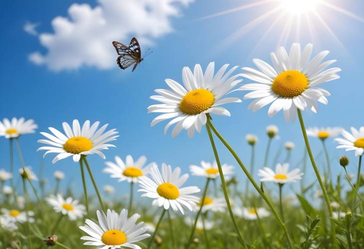 Butterfly and Chamomiles Macro in Spring Field with Sunshine