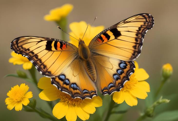 Butterfly Resting on Bright Yellow Flower with Detailed Wings and Intricate Patterns