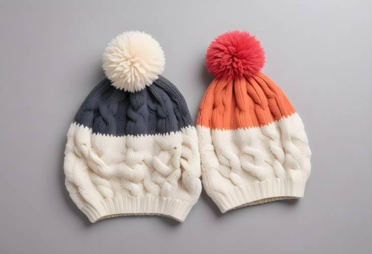 Cable Knit Pom Pom Beanie Cap and Colorblock Folded Beanie Hat on White Background