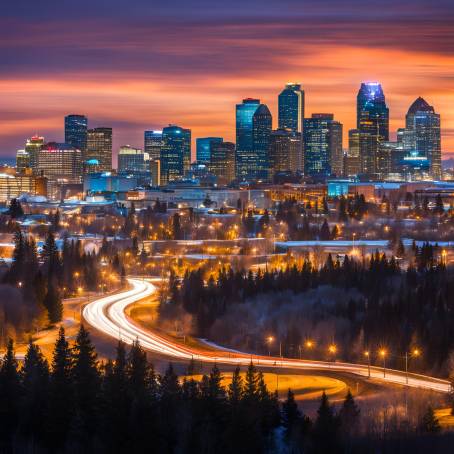 Calgary Nighttime Charm Alberta City Skyline Lit Up Against the Night Sky