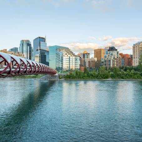 Calgarys Peace Bridge and Downtown Skyline Reflected in Bow River at Night