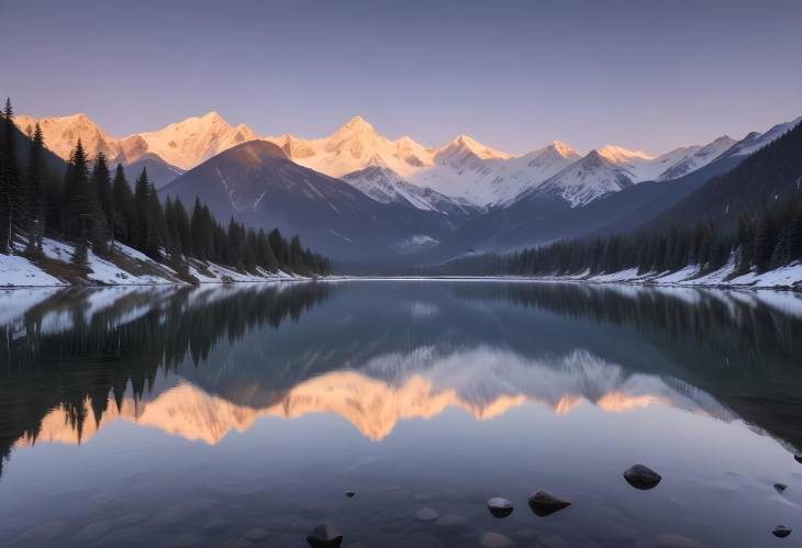 Calm and Serene Mountain Lake with Snow Capped Peaks Reflected in Still Waters at Dawn