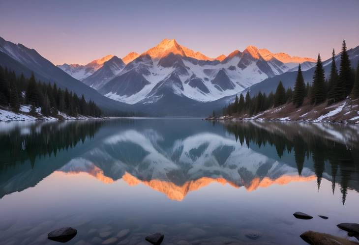 Calm Dawn Over a Mountain Lake with Reflections of Snow Capped Peaks Creating a Serene and Pictures