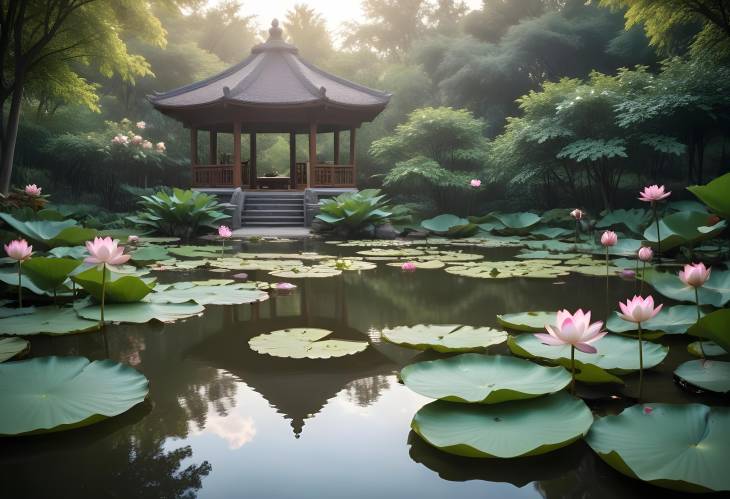 Calm Meditation in a Serene Garden with Lotus Flowers and Tranquil Pond