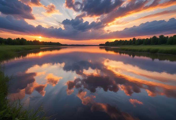 Calm River at Sunset with Twilight Colors and Reflections