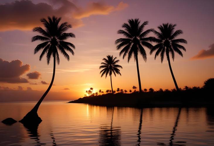 Calm Sunset Over Still Waters with Silhouetted Palm Trees Framing a Serene Tropical View