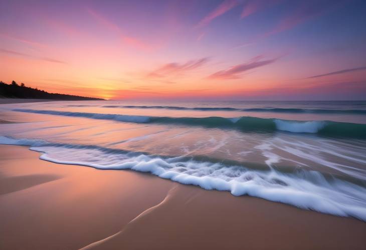 Calm Twilight Beach with Soft Waves, Peaceful Sea, and a Brilliantly Colored Sky