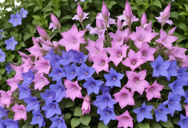 Campanula Cut Out Blue and Pink Flowers on White Background for Garden Design and Landscaping