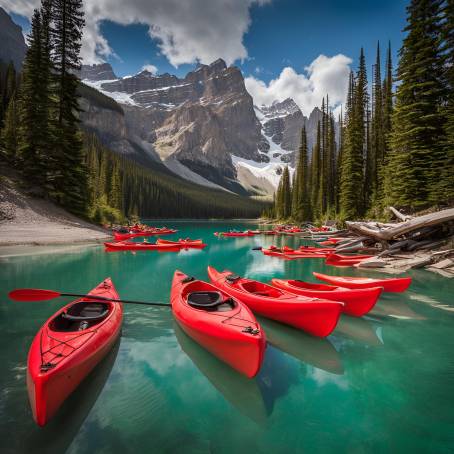 Canadian Rockies Adventure Red Kayaks at Emerald Lake in Yoho National Park, Alberta, Canada