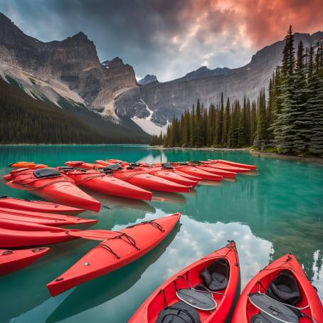 Canadian Rockies Adventure Red Kayaks at Emerald Lake, Yoho National Park, Alberta, Canada