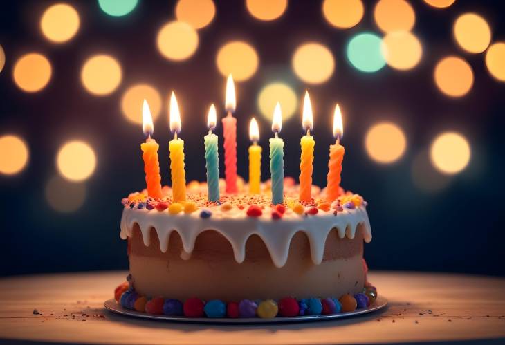 Candles on Birthday Cake with Bright Bokeh Lights