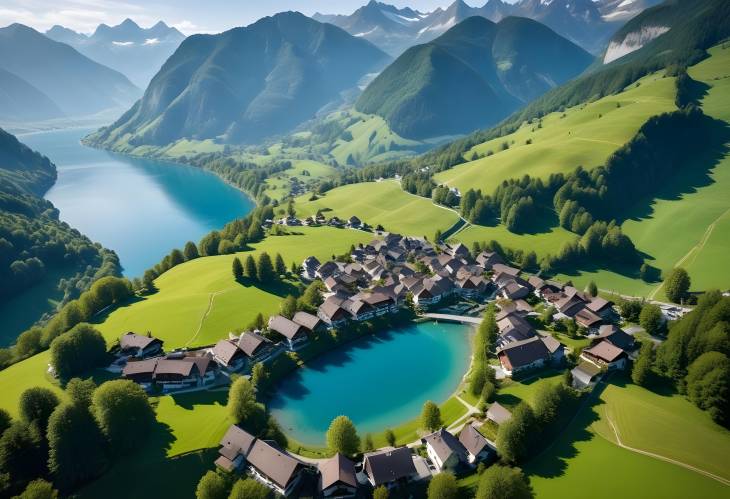 Captivating Aerial View of Flelen with Brilliant Blue Lake and Verdant Swiss Alps