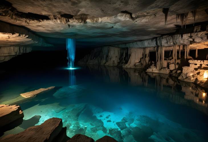 Captivating Cenote Cavern with Underground River, Deep Blue Water, and Ancient Prehispanic Ritual