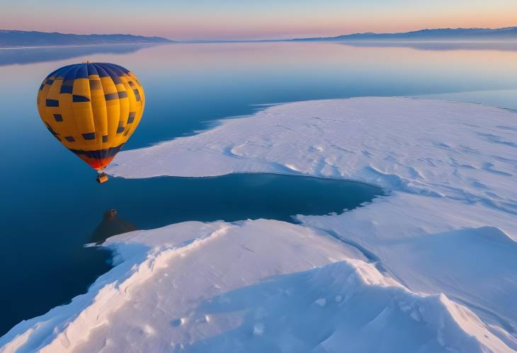 Captivating Hot Air Balloon Flight Over Baikal Lake Winter Sunrise with Ice Hummocks and Blue Ice