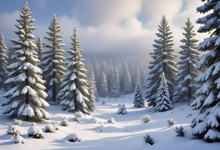 Captivating Snow Covered Pine Trees in a Stunning Winter Wonderland with a Soft Blanket of Snow